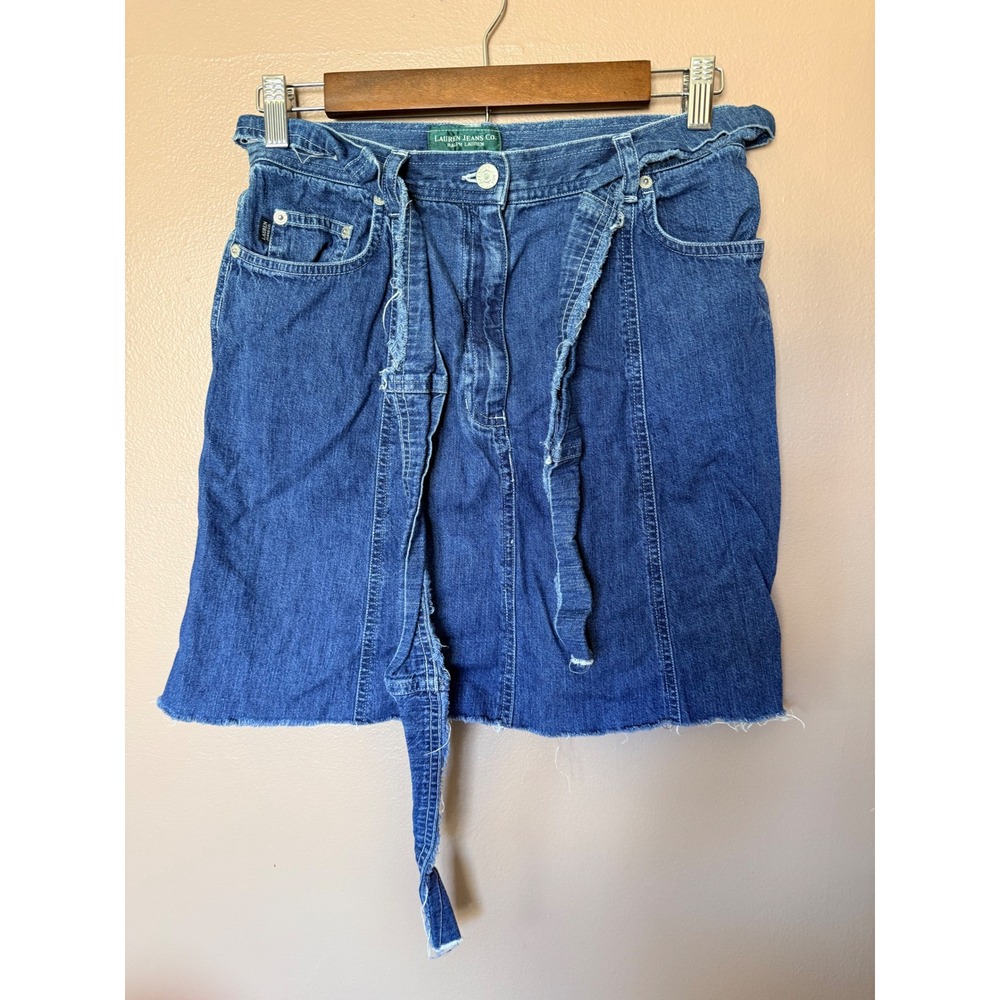 Lauren Ralph Lauren Size 4 Blue Denim Mini Skirt Raw Hem Cotton Belted Y2K 20s
